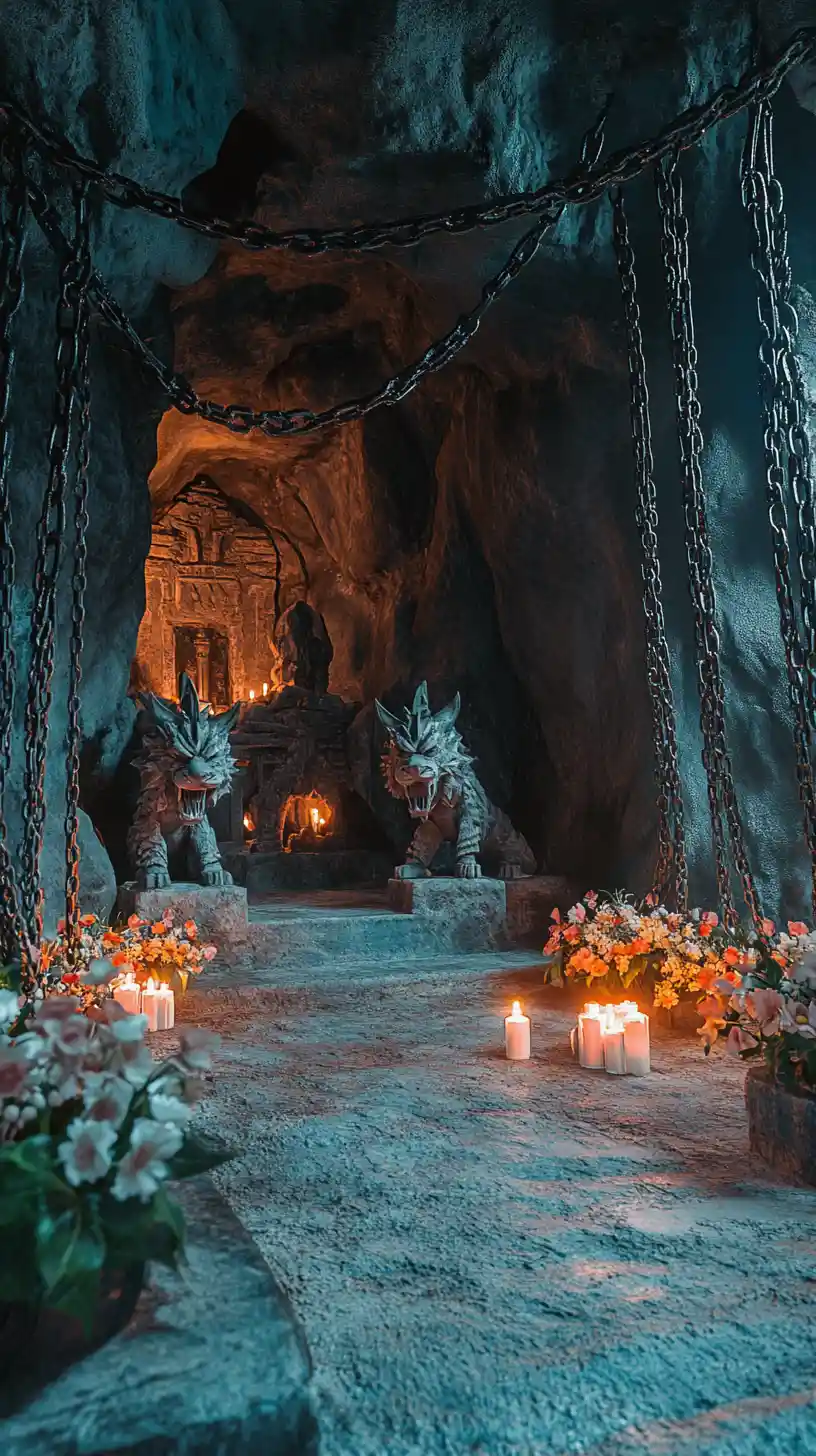 Chained cave entrance with dragon and tiger statues