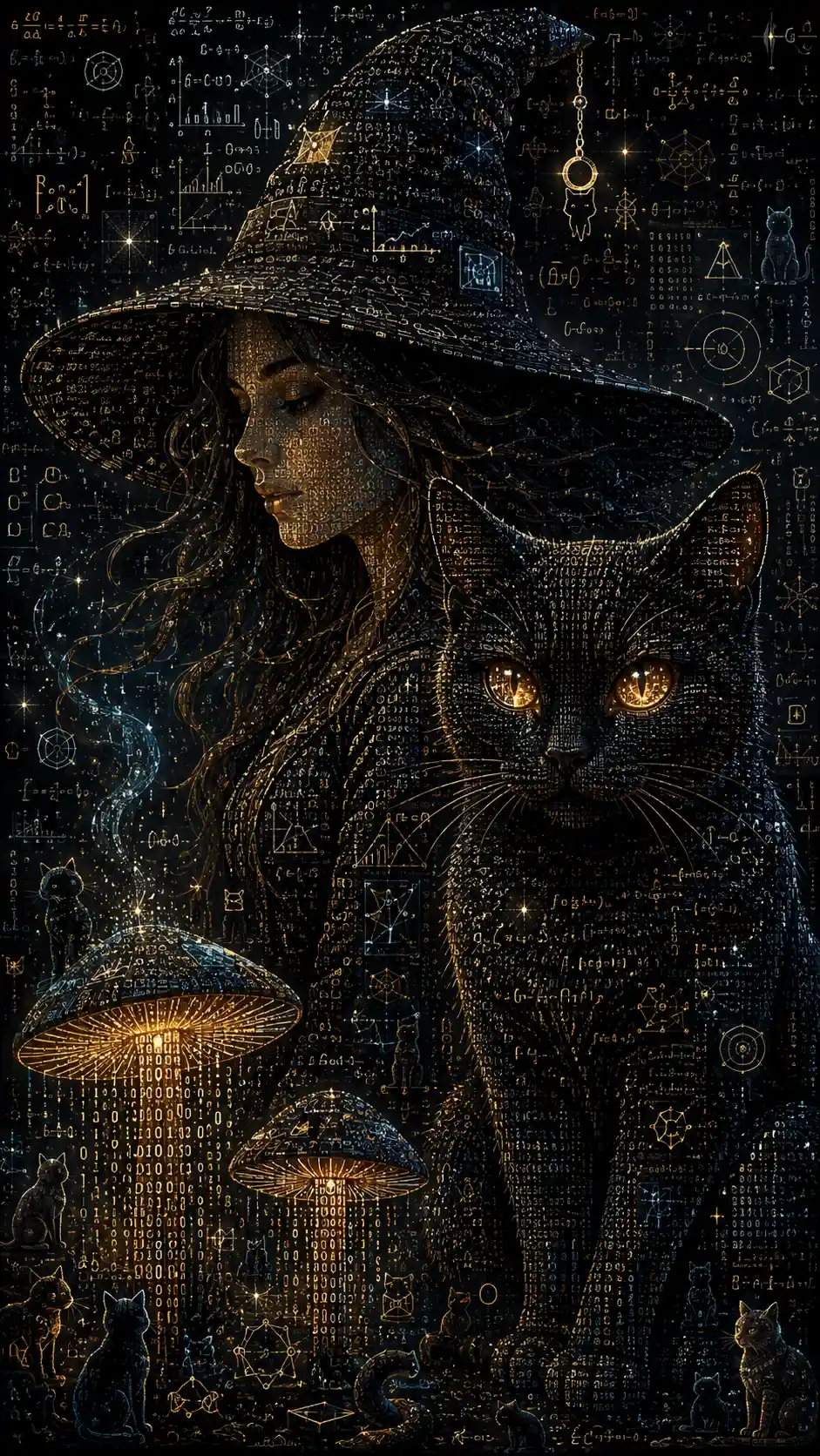 Chat noir aux yeux lumineux aux côtés d’une sorcière envoûtante