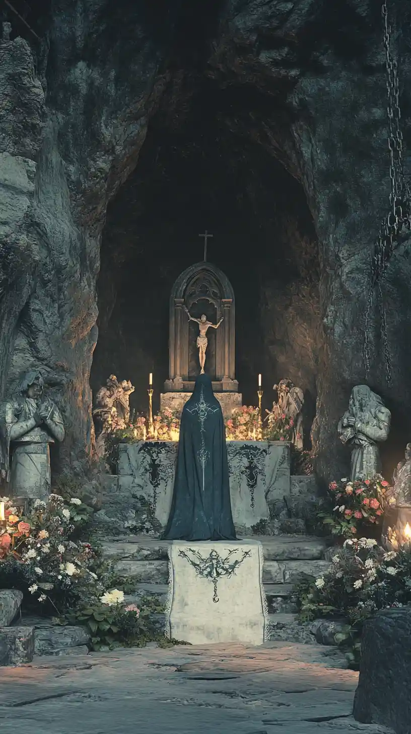 Sealed cave entrance with chained gate and stone guardians