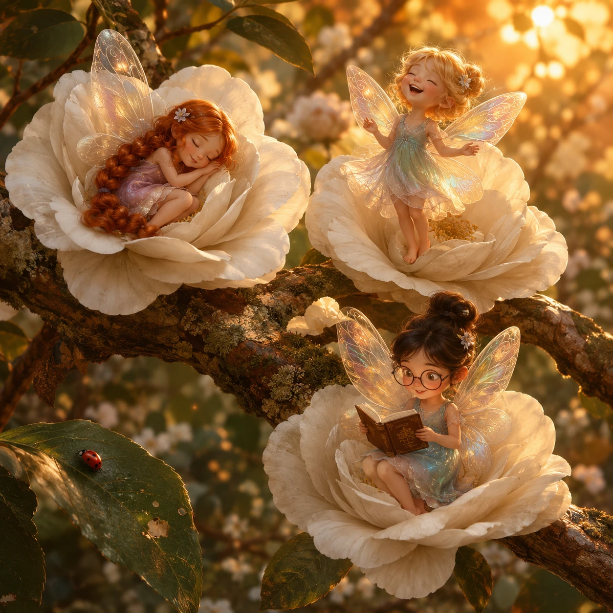 椿の花に憩う幻想的な森の妖精たち