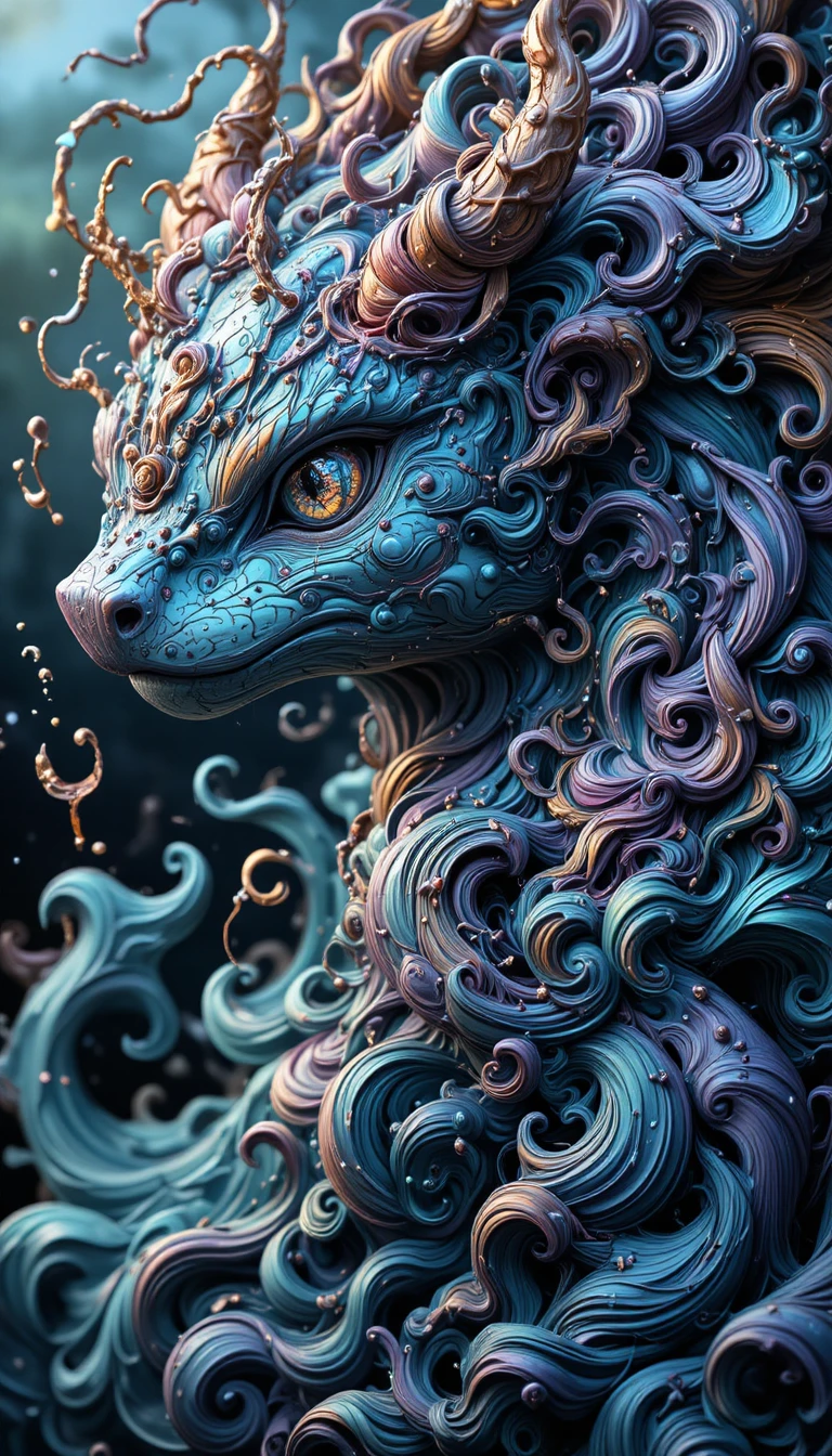 Creatura fantastica in stile Bulbasaur in un ritratto di liquido turbinante