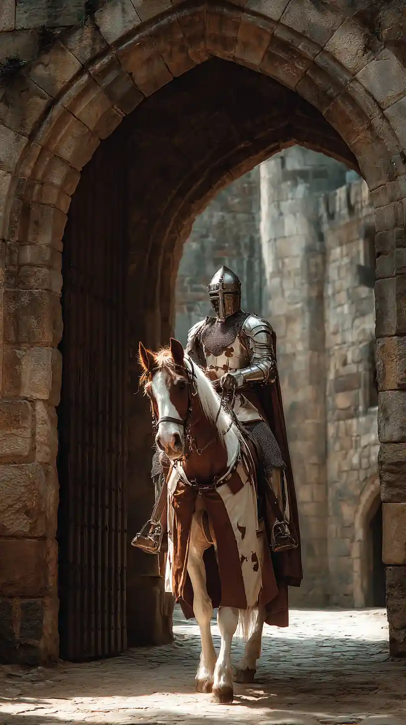 Chevalier médiéval à cheval franchissant la porte d’un château