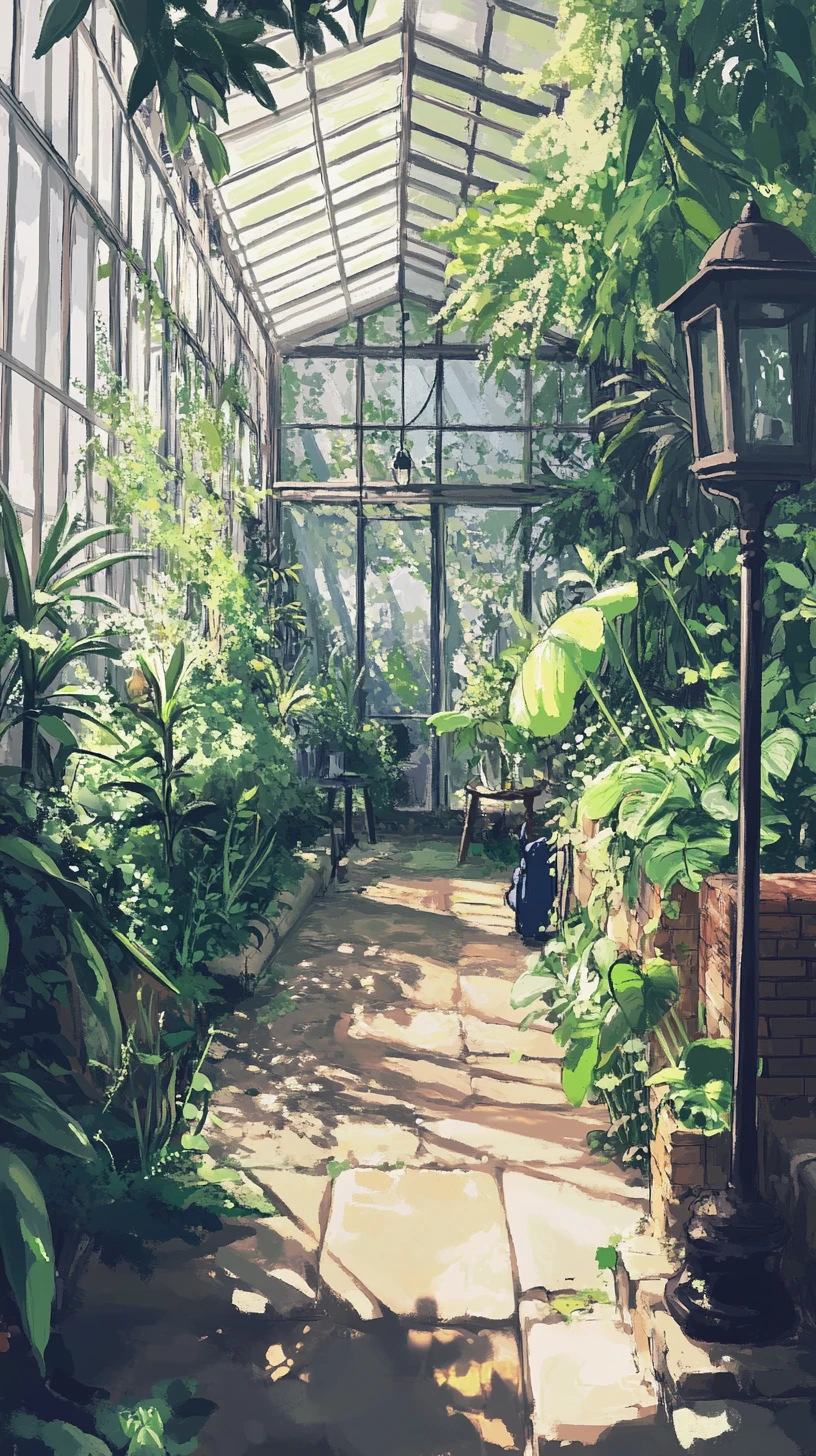Anime greenhouse walkway lined with lush exotic plants