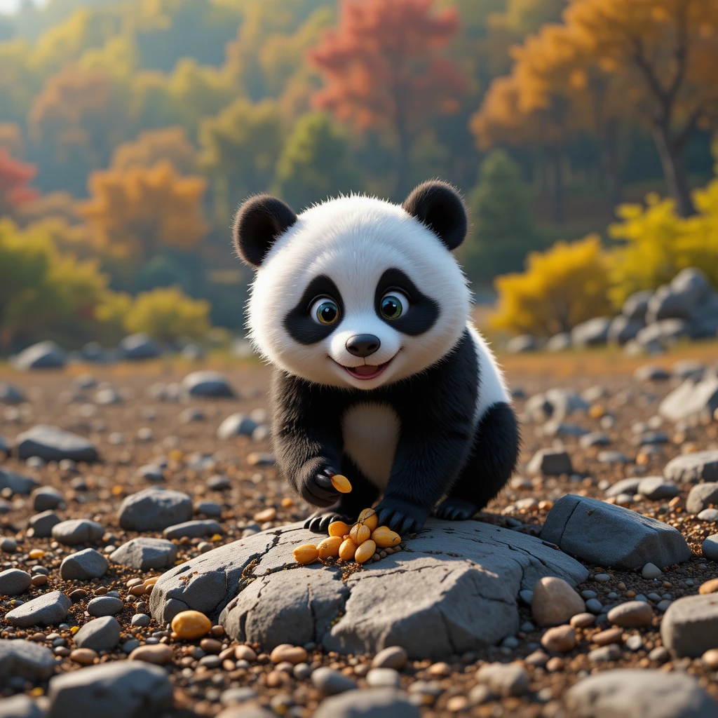Cute panda finds a tiny mango seed on rocky ground