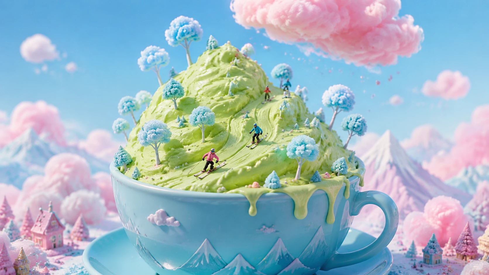 Paesaggio fiabesco scolpito da gelato verde in una tazza