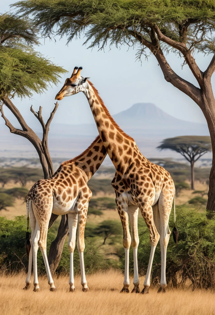 Deux girafes se nourrissant d’un acacia dans la savane