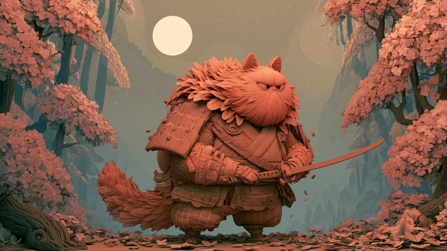 Fierce Samurai Cat Under A Dreamy Cherry Blossom Moon