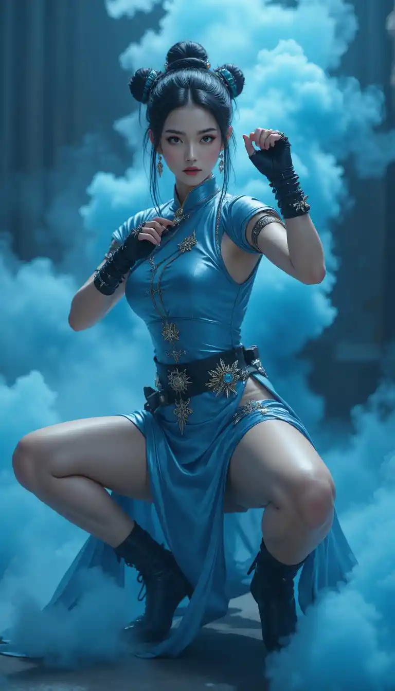 Frau im blauen Cheongsam in dynamischer Kampfpose