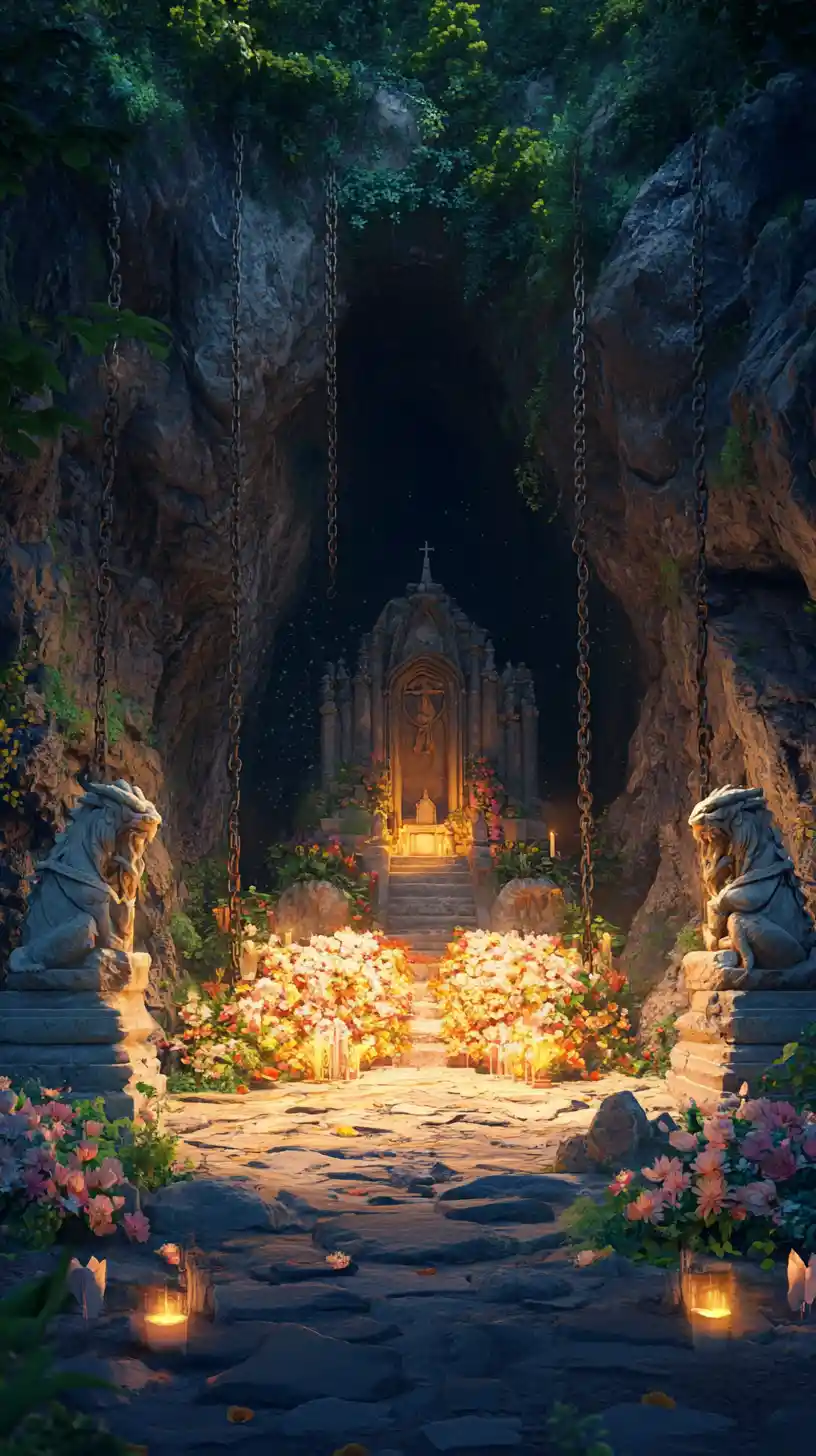 Chained cave entrance with dragon and tiger statues