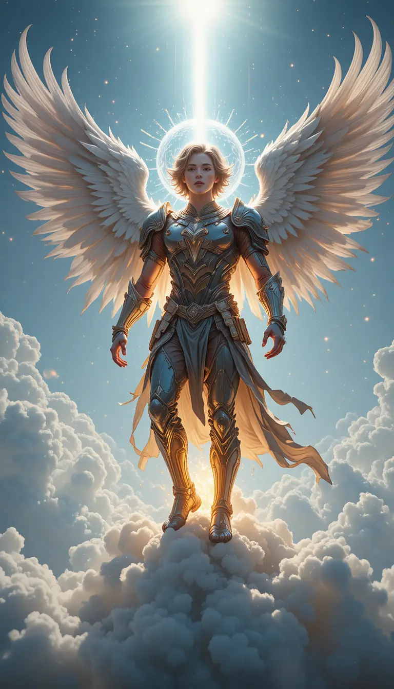 Ange en armure flamboyante sur un nuage lumineux