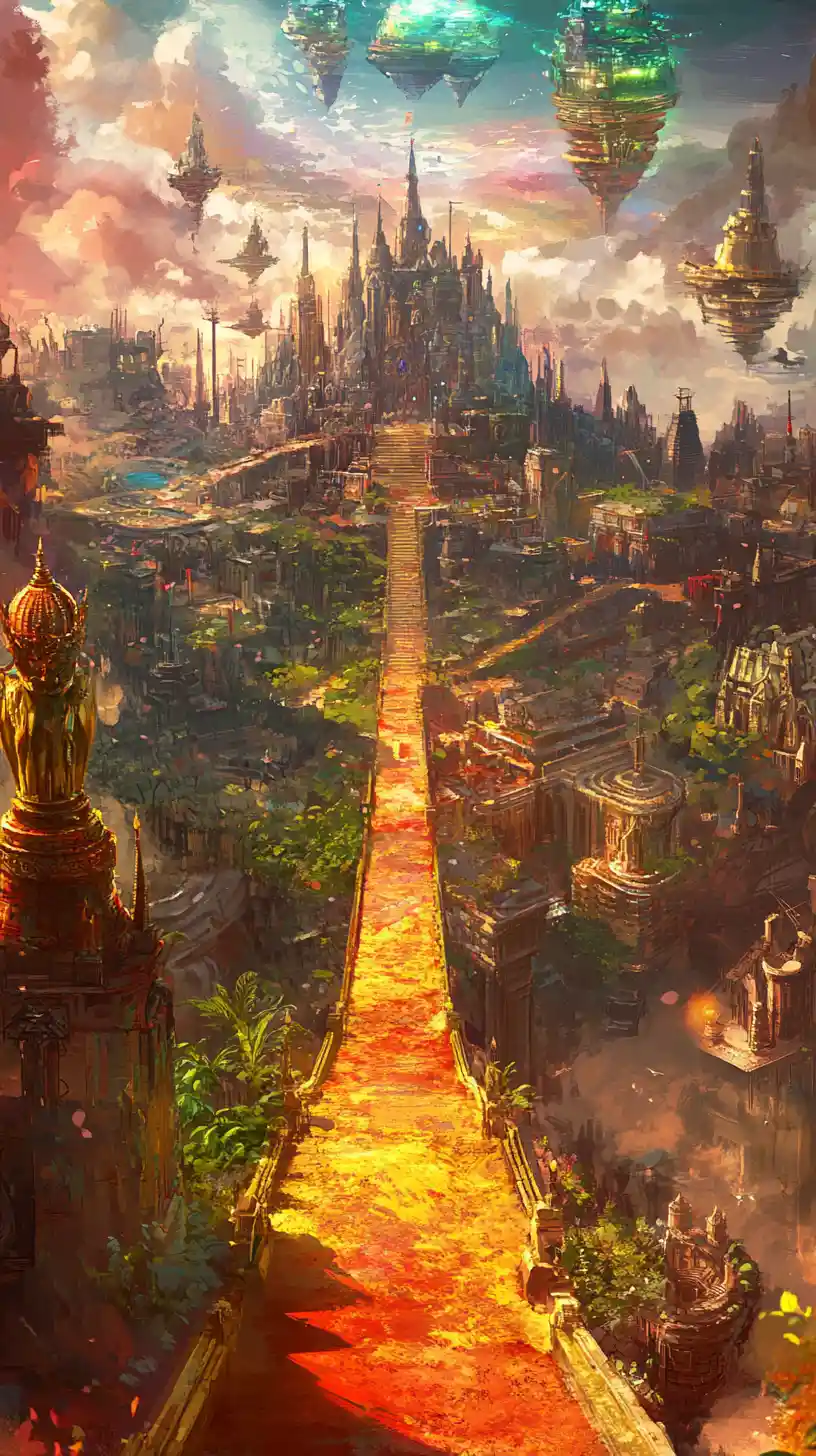 Crowned snake statue beside a golden path in fantasy landscape