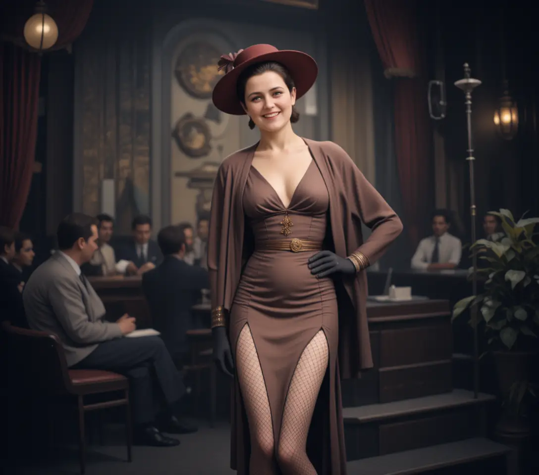 Cantora glamourosa posando com traje vintage de boate dos anos 1940