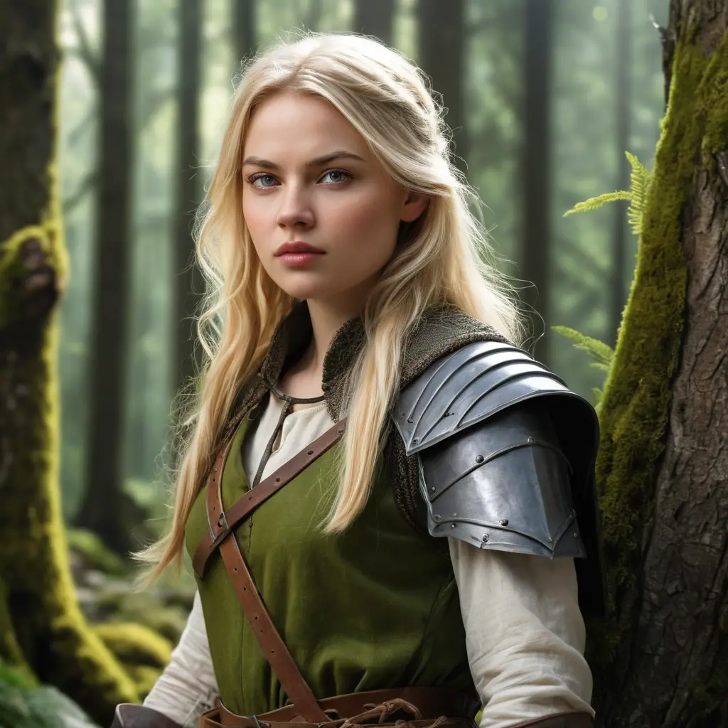 Blonde medieval ranger woman standing in a mountain forest
