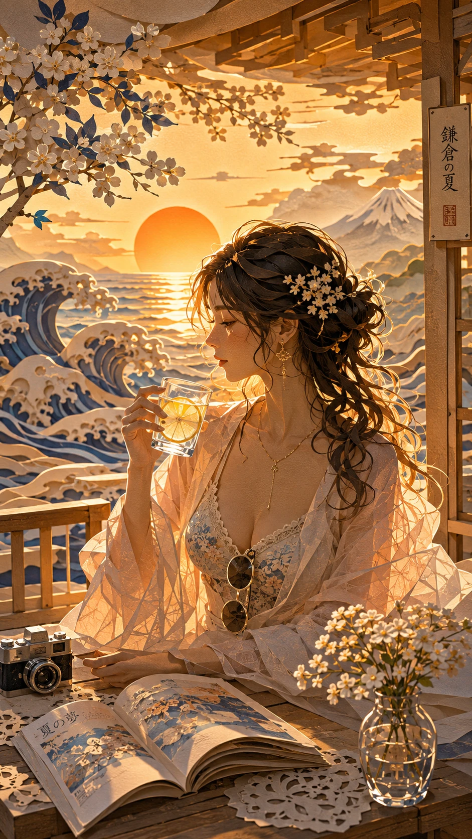 夕日に染まる海辺テラスの切り絵の少女