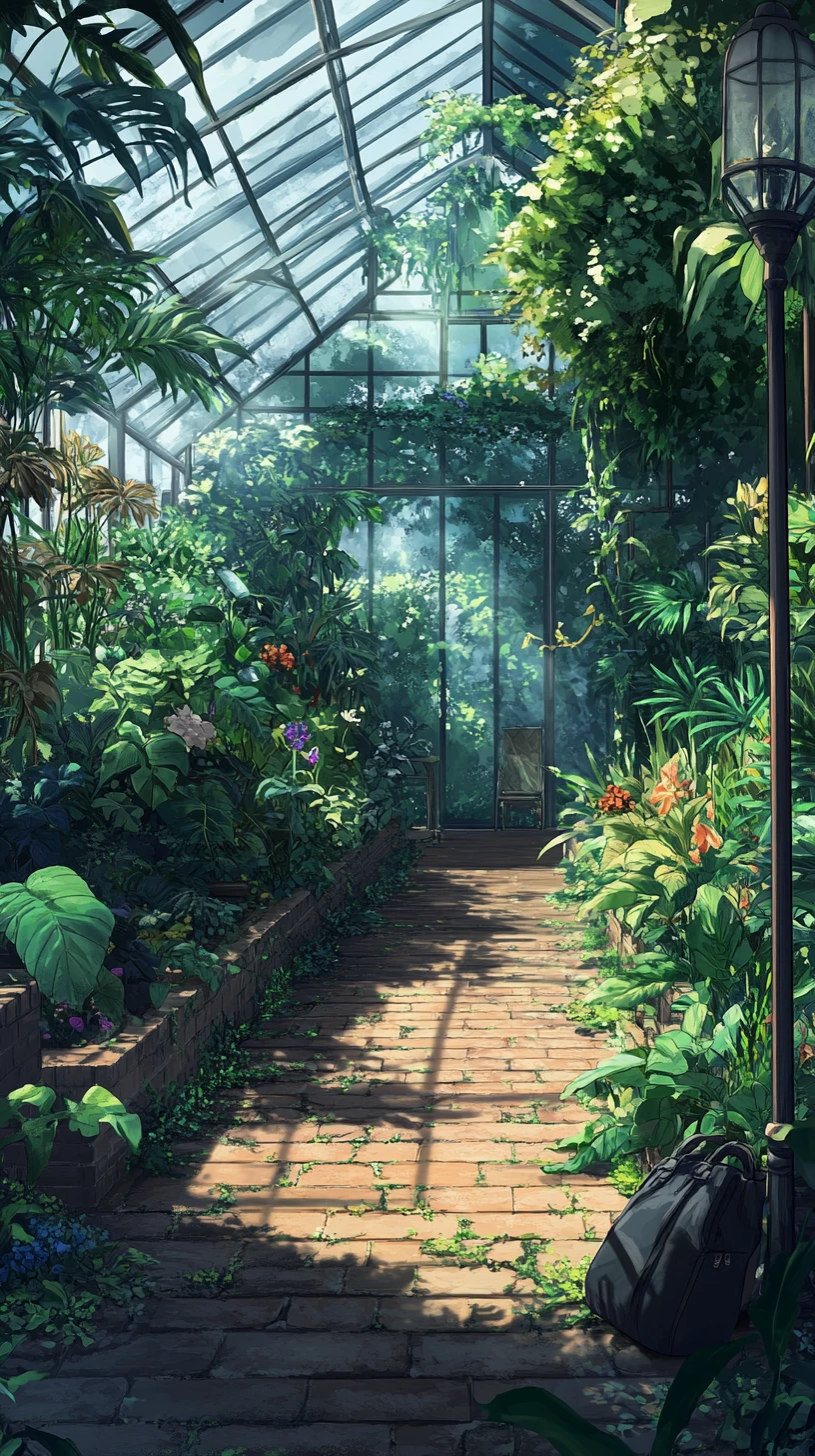 エキゾチックな植物とコンクリートの小道があるアニメ温室