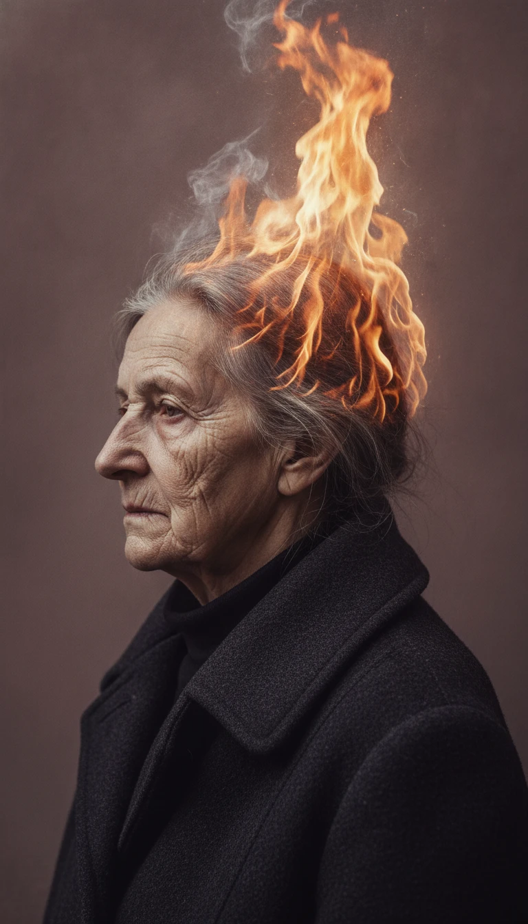 Mujer anciana de perfil con corona de fuego ardiente