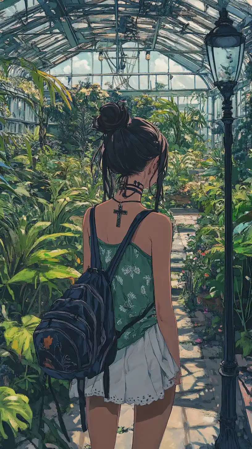 Anime girl standing in a lush indoor greenhouse path