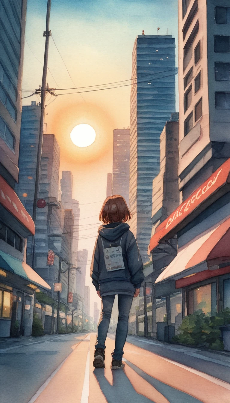 Mujer de anime contemplando una ciudad en acuarela bañada por el sol
