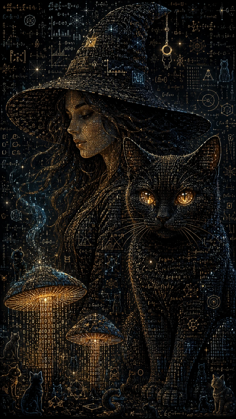 光る目をした黒猫と魅惑的な魔女