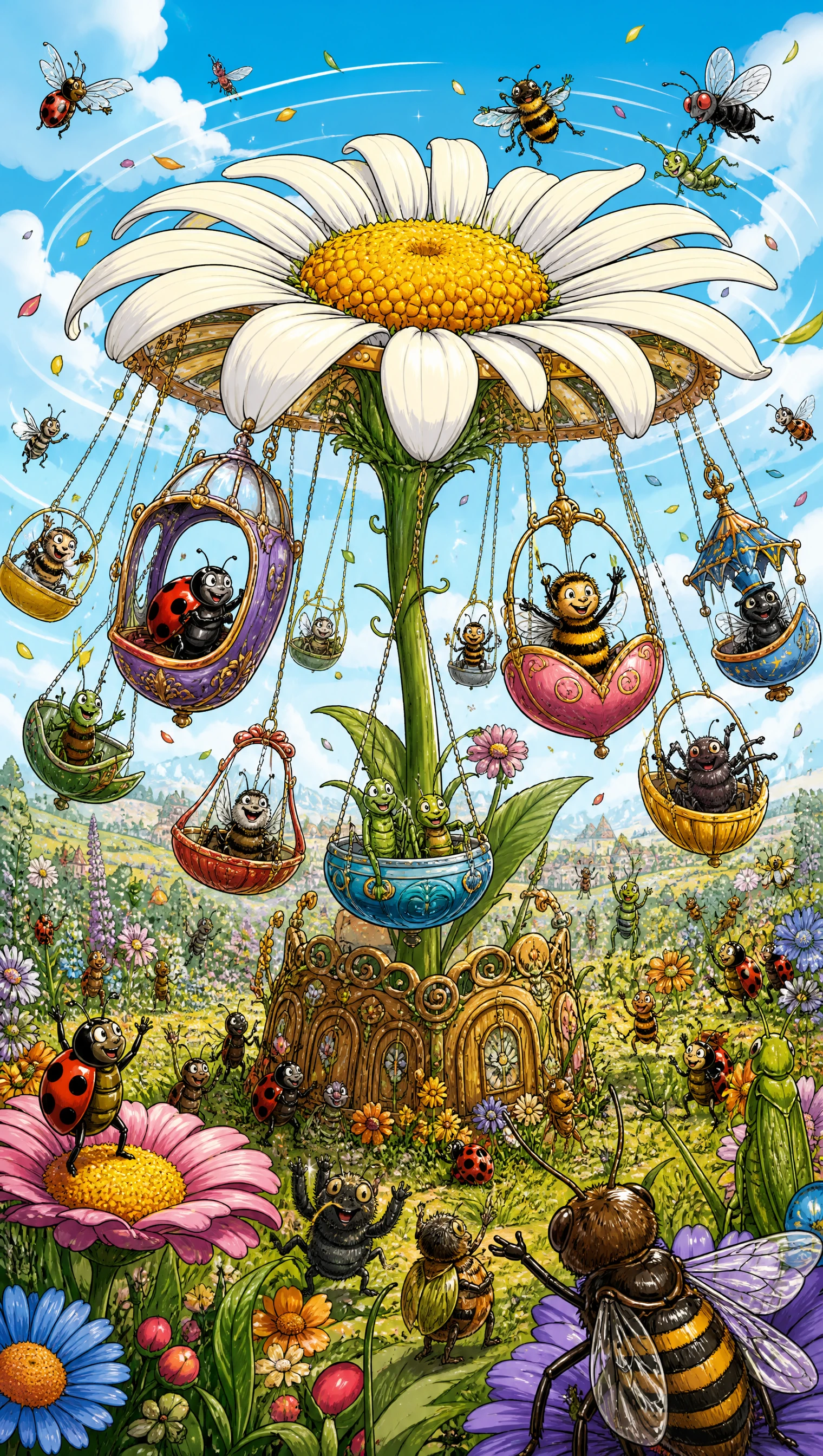 Whimsical insect carousel on a giant daisy in meadow