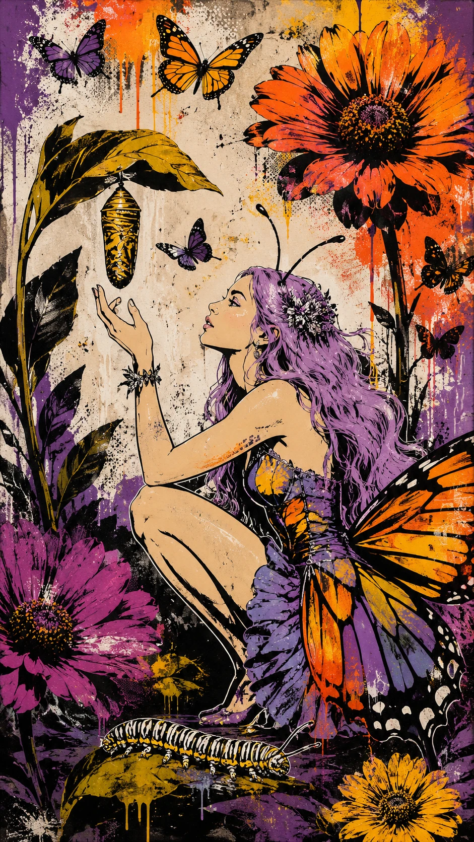 Mujer fantástica de cuerpo completo con mariposas en estilo gráfico