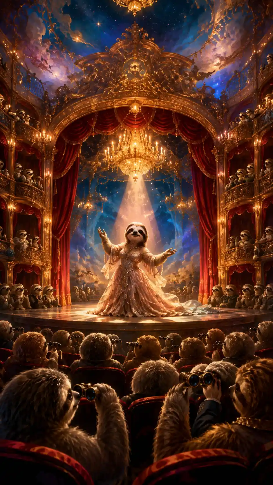 Cartoon sloths filling a grand baroque opera house