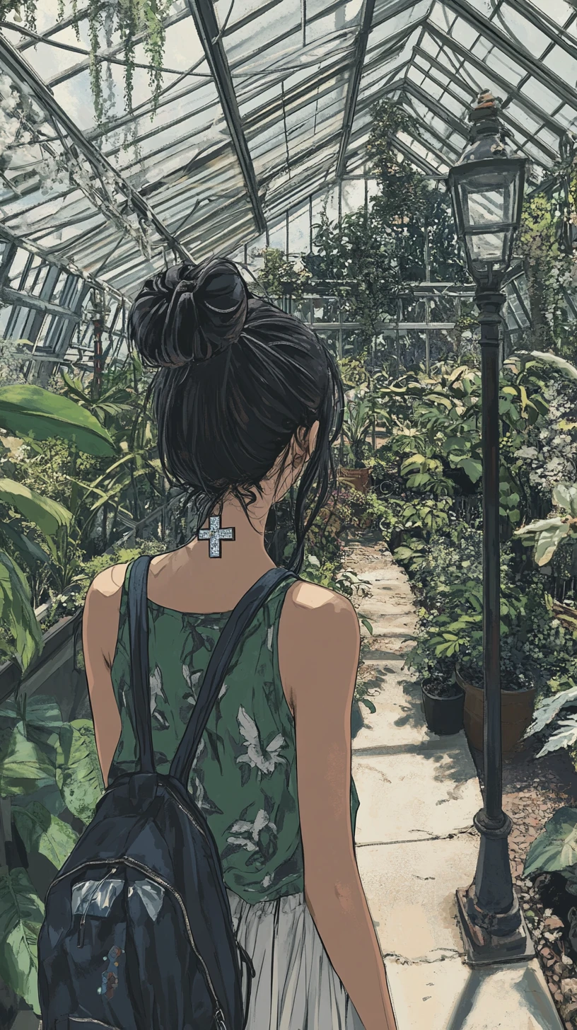 Anime girl in a lush greenhouse with exotic plants
