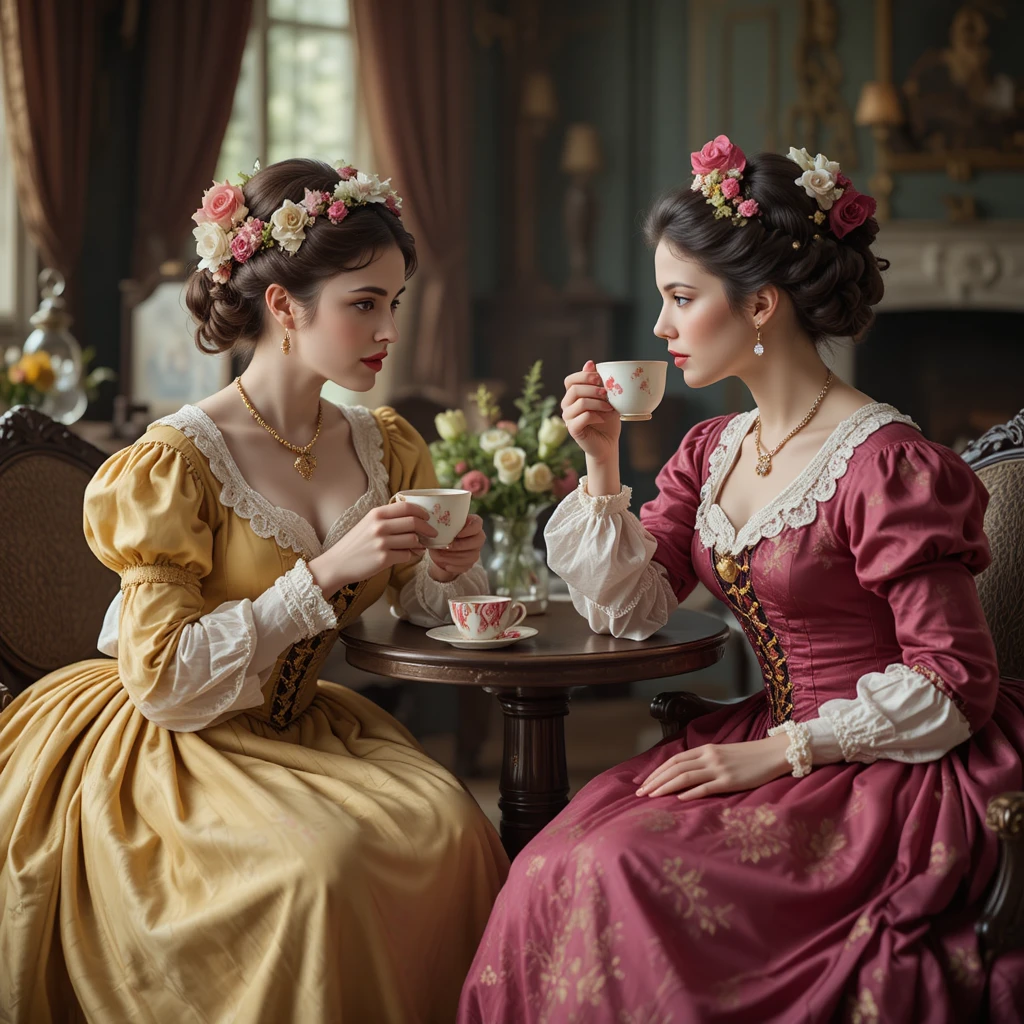 Dos mujeres inglesas con vestidos coloridos de la década de 1820 bebiendo té