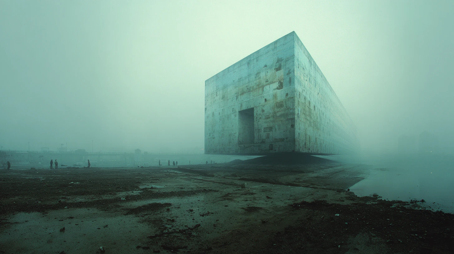 Ilusión óptica surreal y melancólica en texturas de hormigón entre niebla