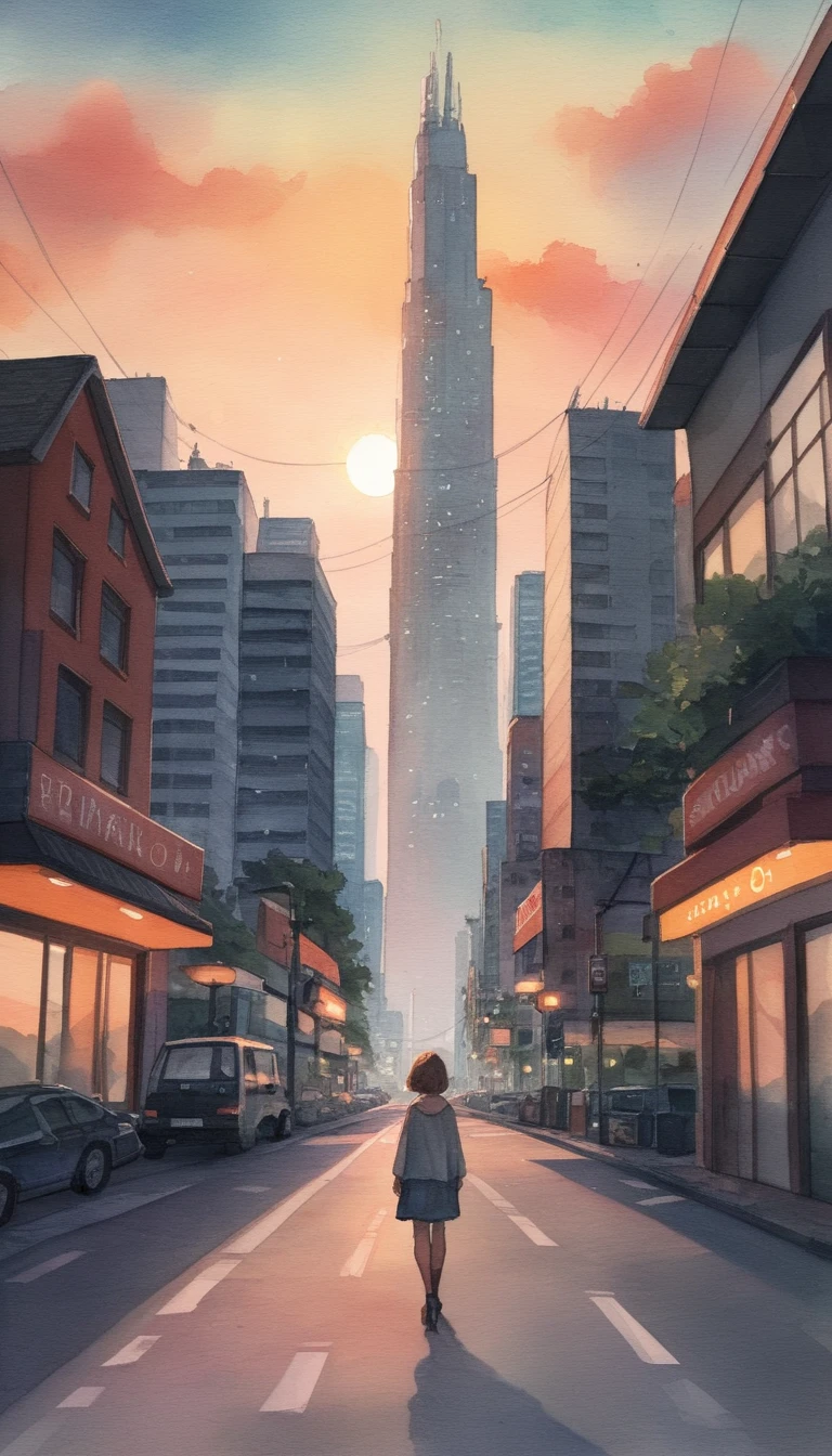Anime style woman overlooking a sunlit urban cityscape