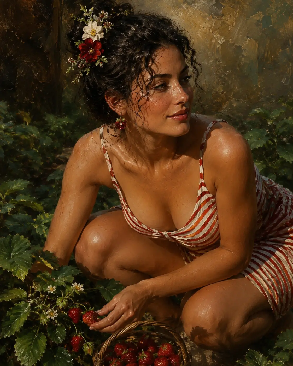 Jeune Italienne cueillant des fraises dans son jardin