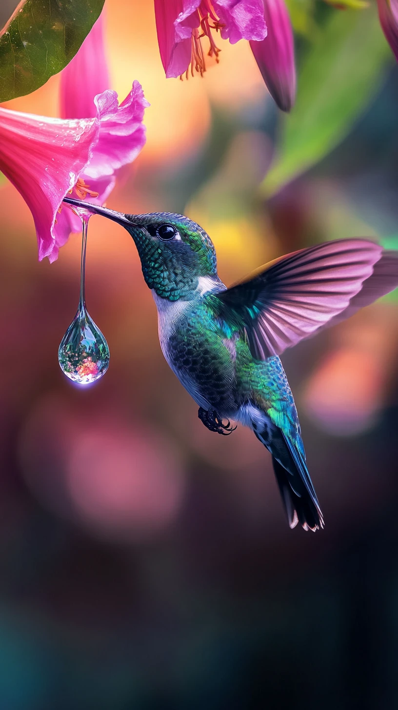 Colibri en macro avec goutte de pluie reflétant une forêt tropicale luxuriante