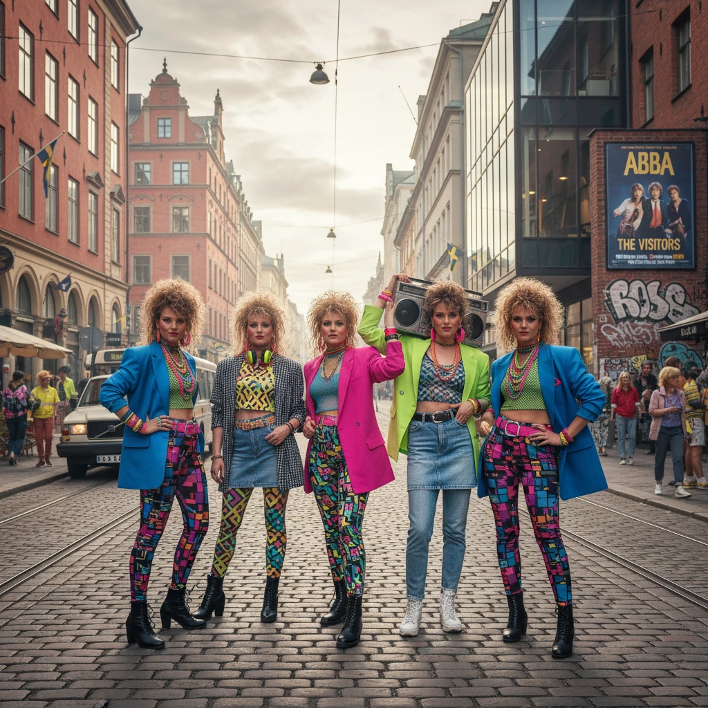 Jóvenes con moda de los años 80 en una calle de una ciudad sueca