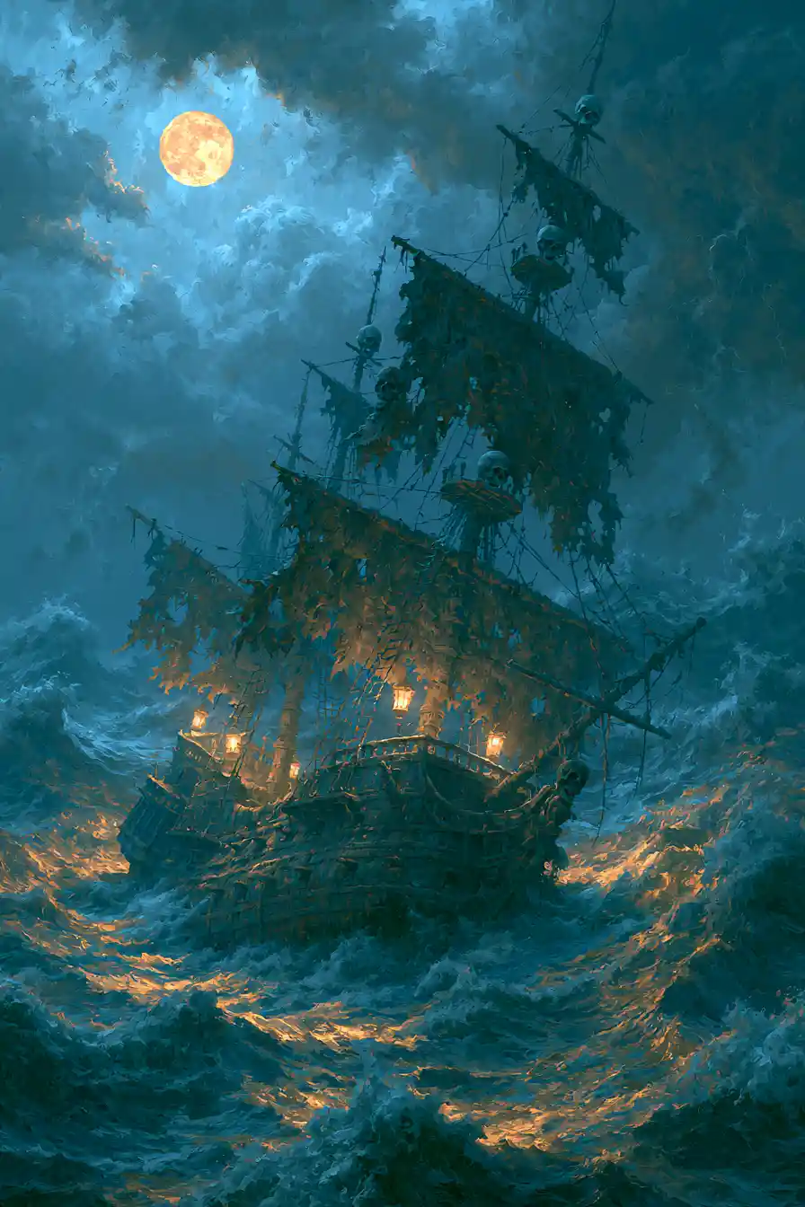 Ghostly pirate ship in stormy moonlit ocean waves