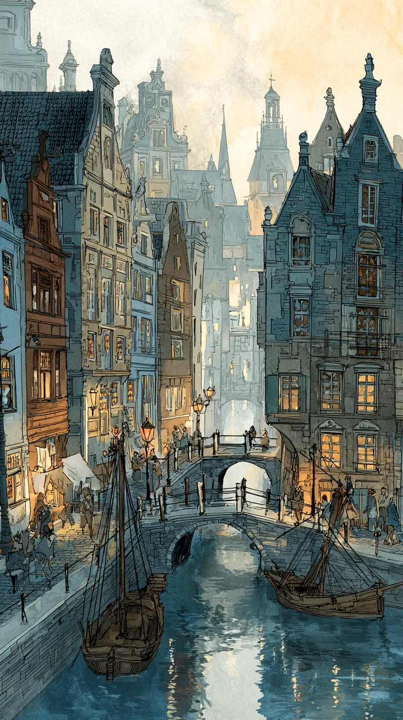 Whimsical Medieval Canal Town At Dusk With Cobblestone Streets