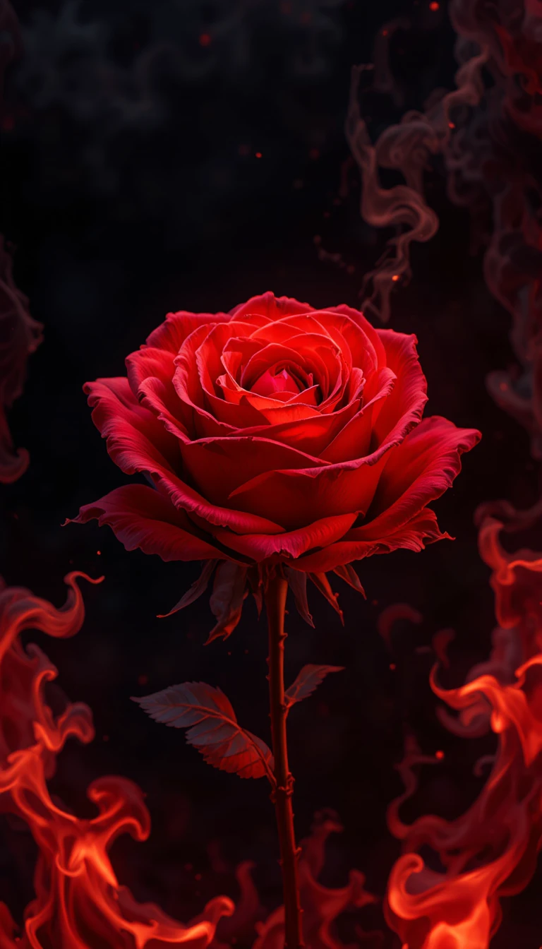 Rosa rossa luminosa circondata da realistiche fiamme rosse