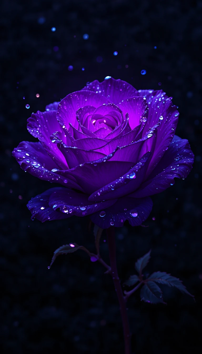 Glowing Purple Rose With Water Droplets On Black Background