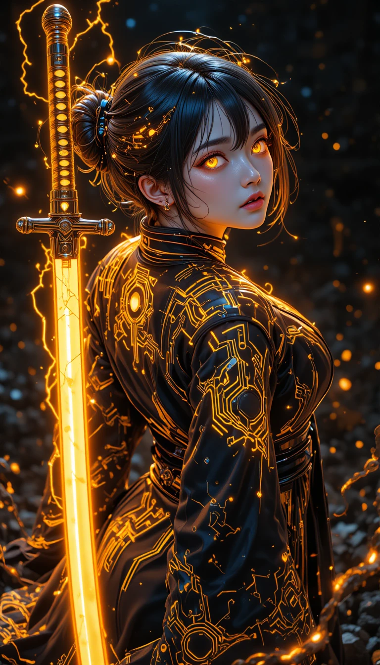 Chica de anime cibernética con katana brillante y mirada eléctrica