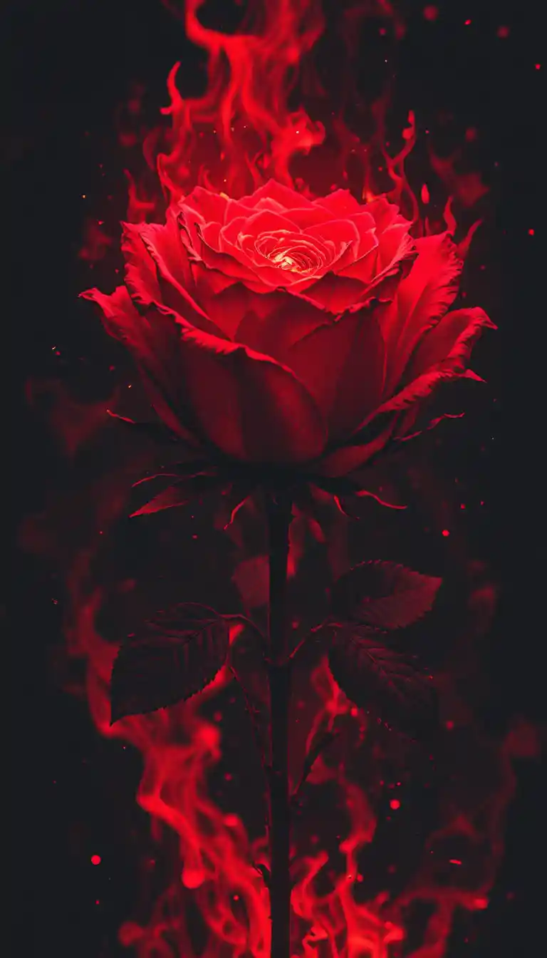 Glowing Red Rose Surrounded By Realistic Red Flames