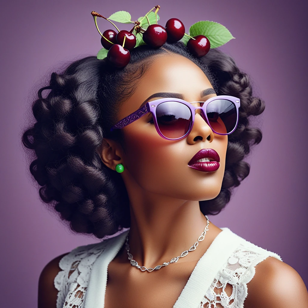 Retrato surrealista de una mujer negra con gafas de sol de cerezas