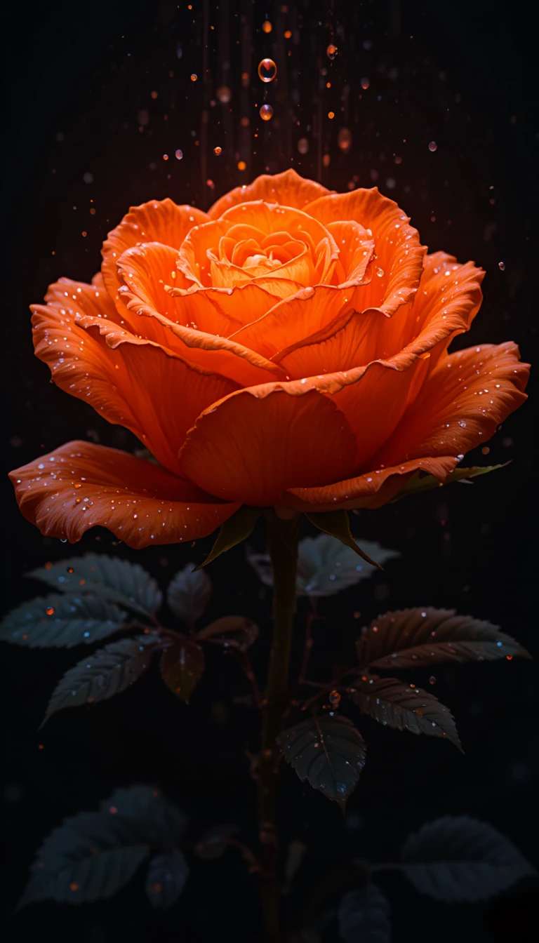 Primo piano di rosa arancione luminosa su sfondo nero