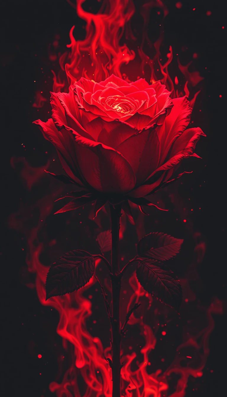 Glowing Red Rose Surrounded By Realistic Red Flames
