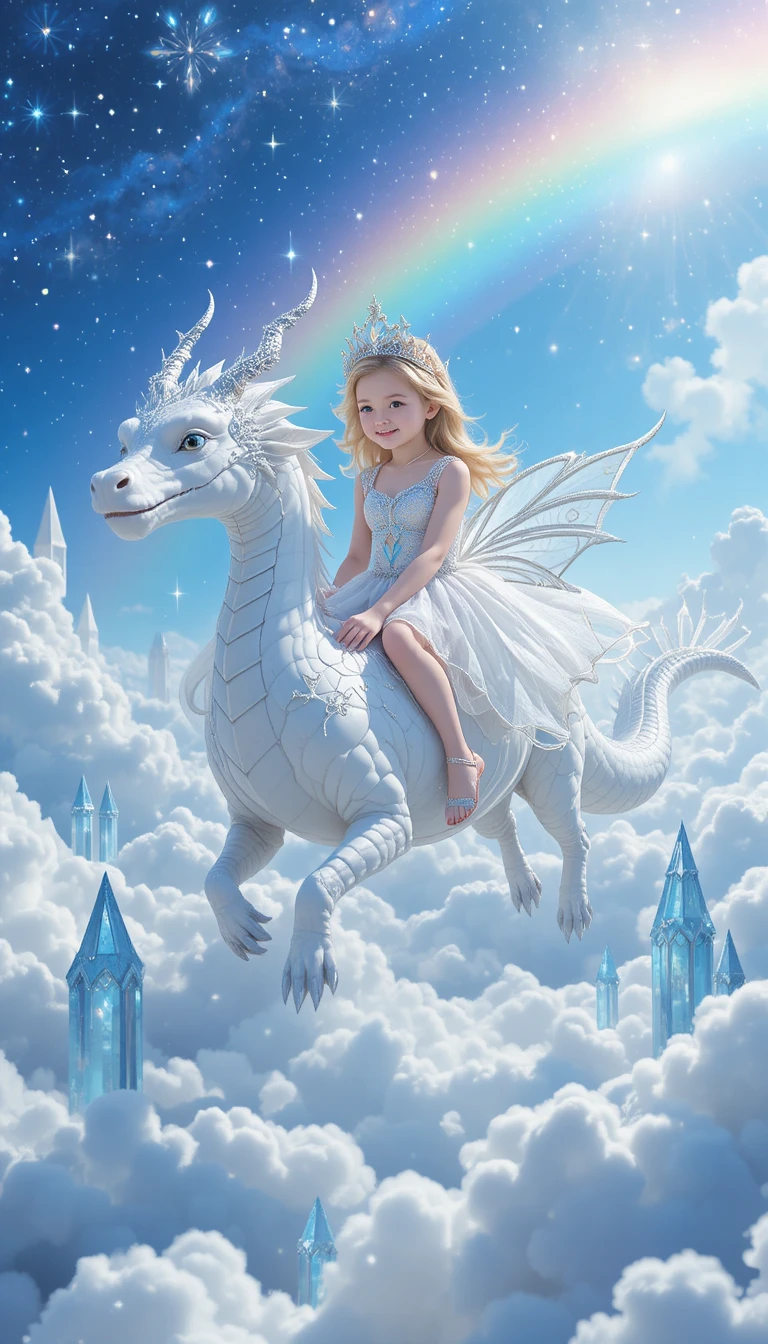 Jovem princesa montando um dragão branco acima de nuvens de cristal