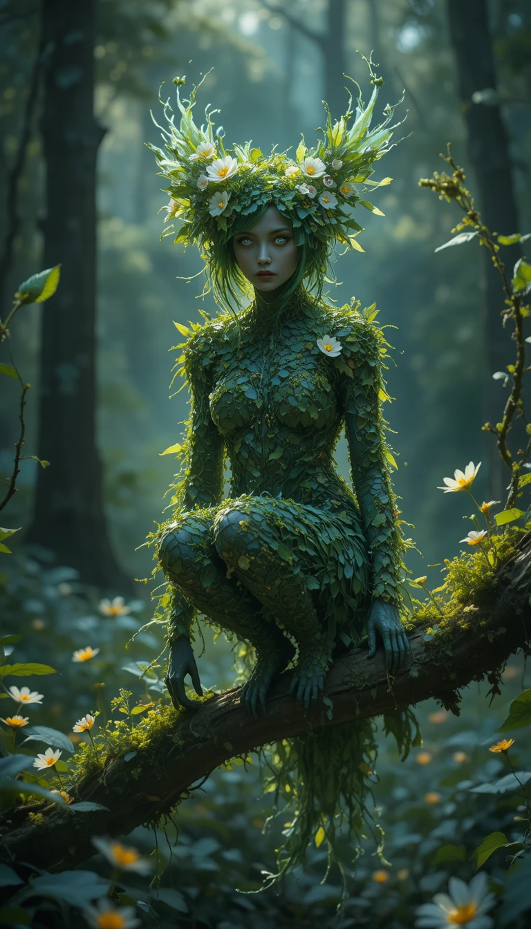 Donna chimera eterea di fogliame posata su un ramo della foresta