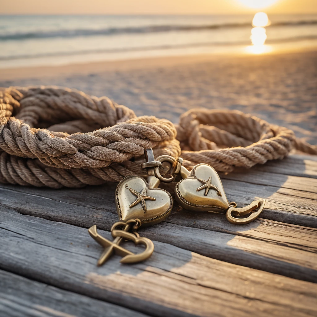 Corazones de Cuerda Entrelazados con Dijes sobre Madera Rústica de Playa
