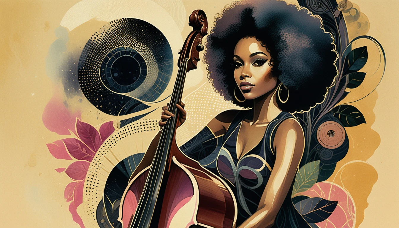 Mujer con afro rosa tocando contrabajo en un jardín de jazz