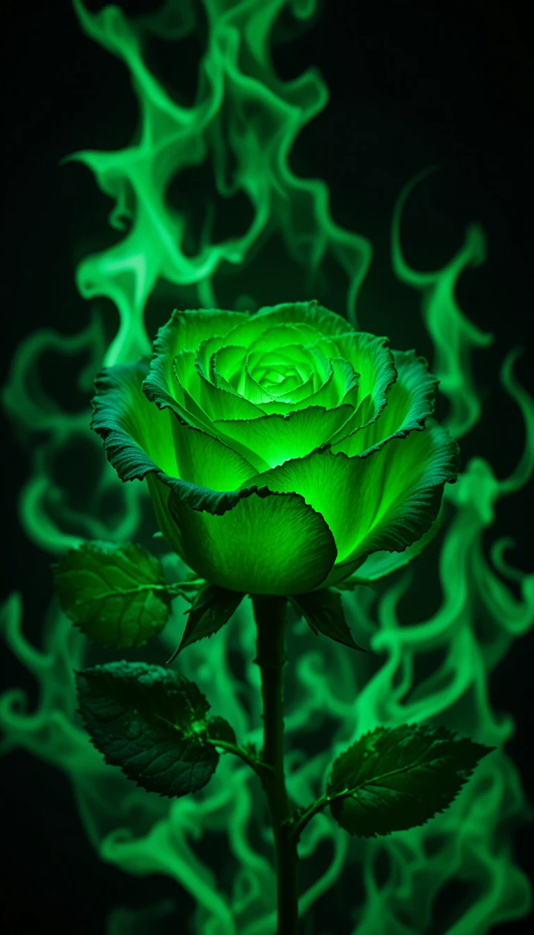 Leuchtende grüne Rose, umgeben von realistischen grünen Flammen