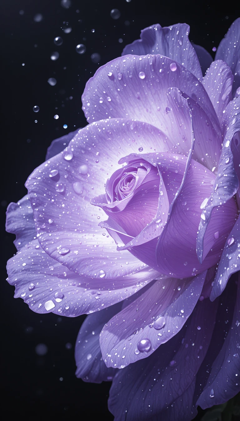 Rosa viola luminosa con rugiada su sfondo nero