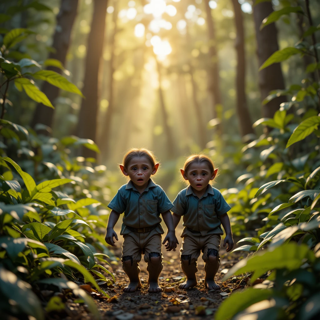 Dos monitos asustados en un bosque verde iluminado por el sol
