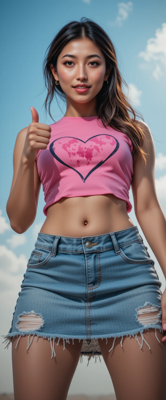 Mujer segura de sí misma con top rosa vista desde un ángulo bajo